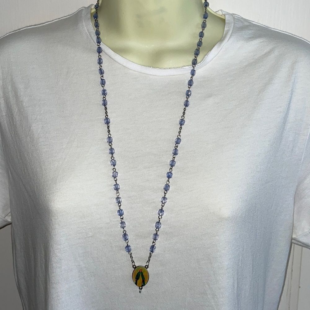Catholic Virgin Mary pendant with light blue bead & silver tone chain necklace